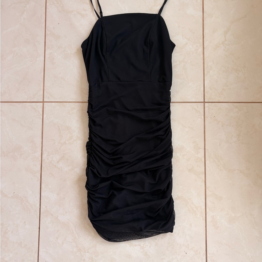 Black Ruched Spaghetti Strap Mini Dress
